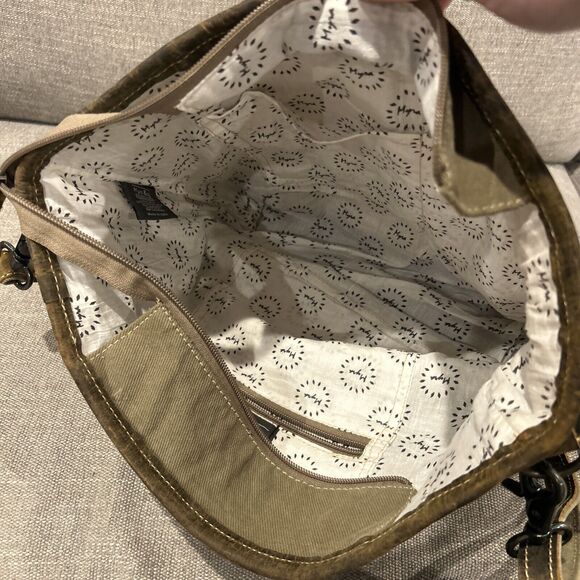 Myra Bag Messenger Cotton Leather Green Brown Blue Pockets Hand Bag Purse - Picture 6 of 9